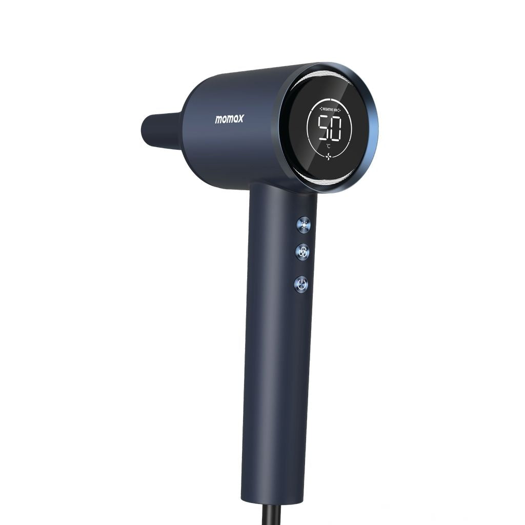 Black hair dryer with digital display on a white background
