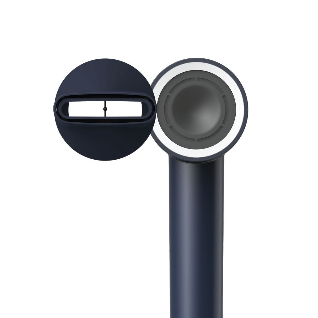 Black and gray cylindrical object with a white interior on a white background