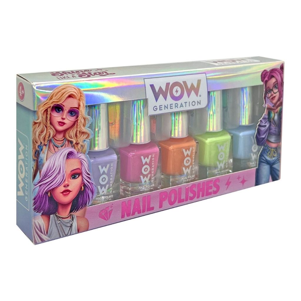 Box of WOW Generation nail polishes with colorful bottles and packaging.