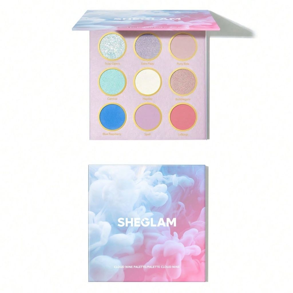 Sheglam Cloud Nine palette with pink and blue cloud design on a white background