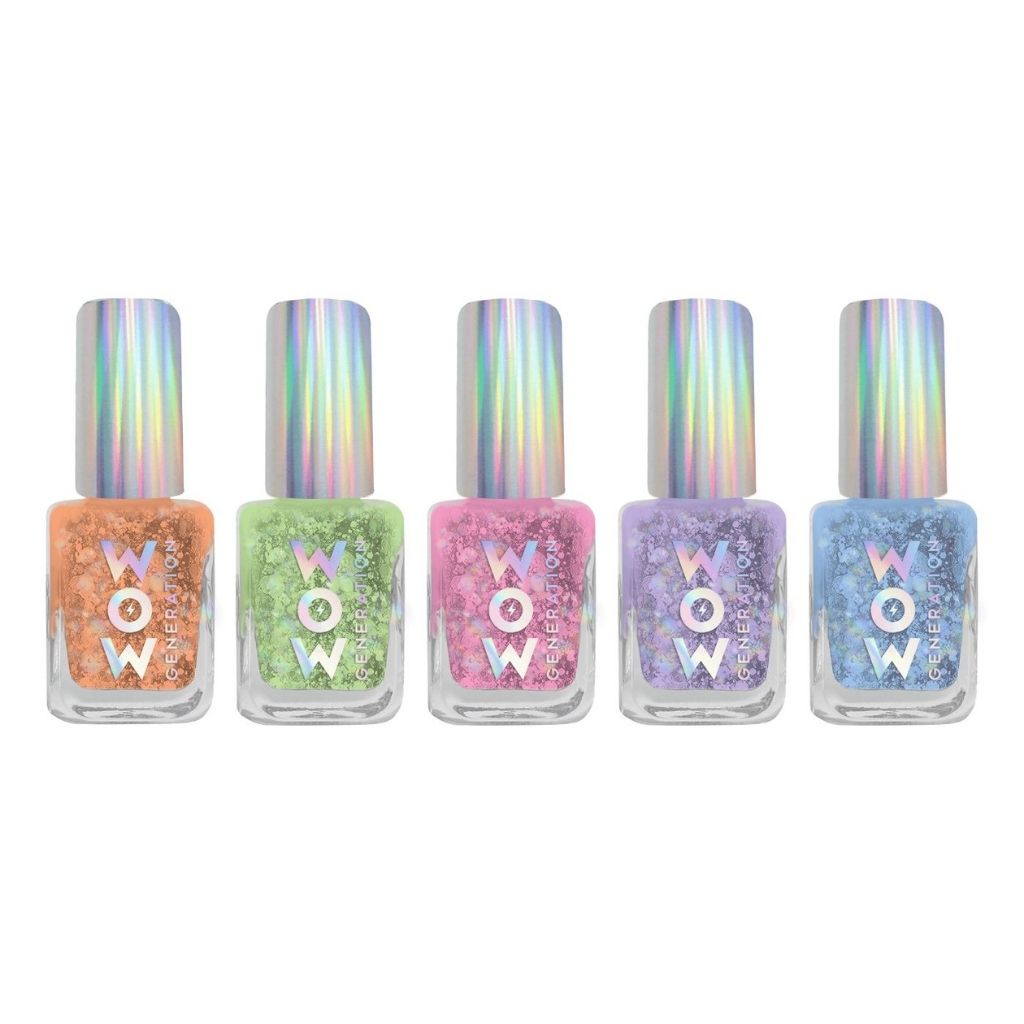 Set of six 'WOW' brand nail polish bottles with iridescent caps on a white background