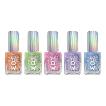 Set of six 'WOW' brand nail polish bottles with iridescent caps on a white background