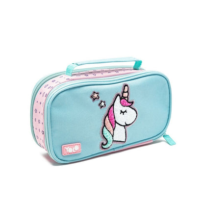 Unicorn-themed pencil case with a pink and blue design on a white background