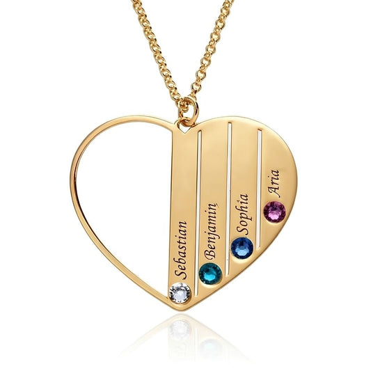 Vertical Design Engraved Names Heart Necklace With Birthstones