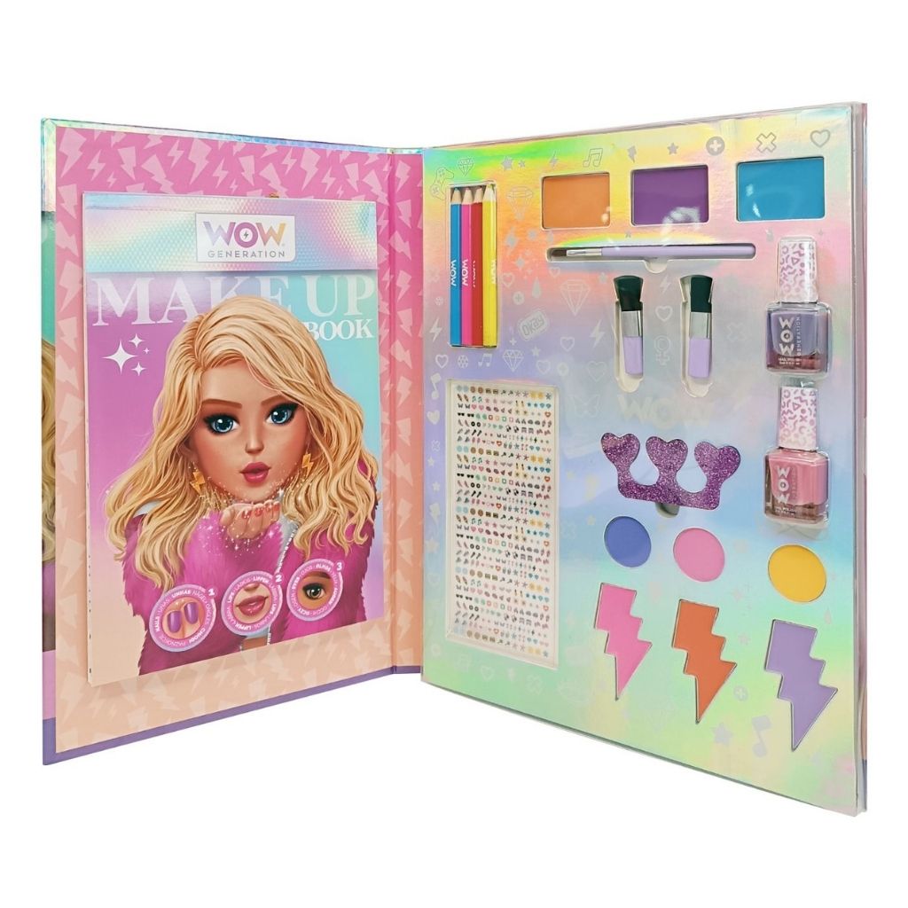Make-up book with colorful makeup items and a doll illustration on a white background