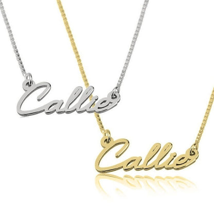 Two 'Callie' name necklaces, one silver and one gold, on a white background.