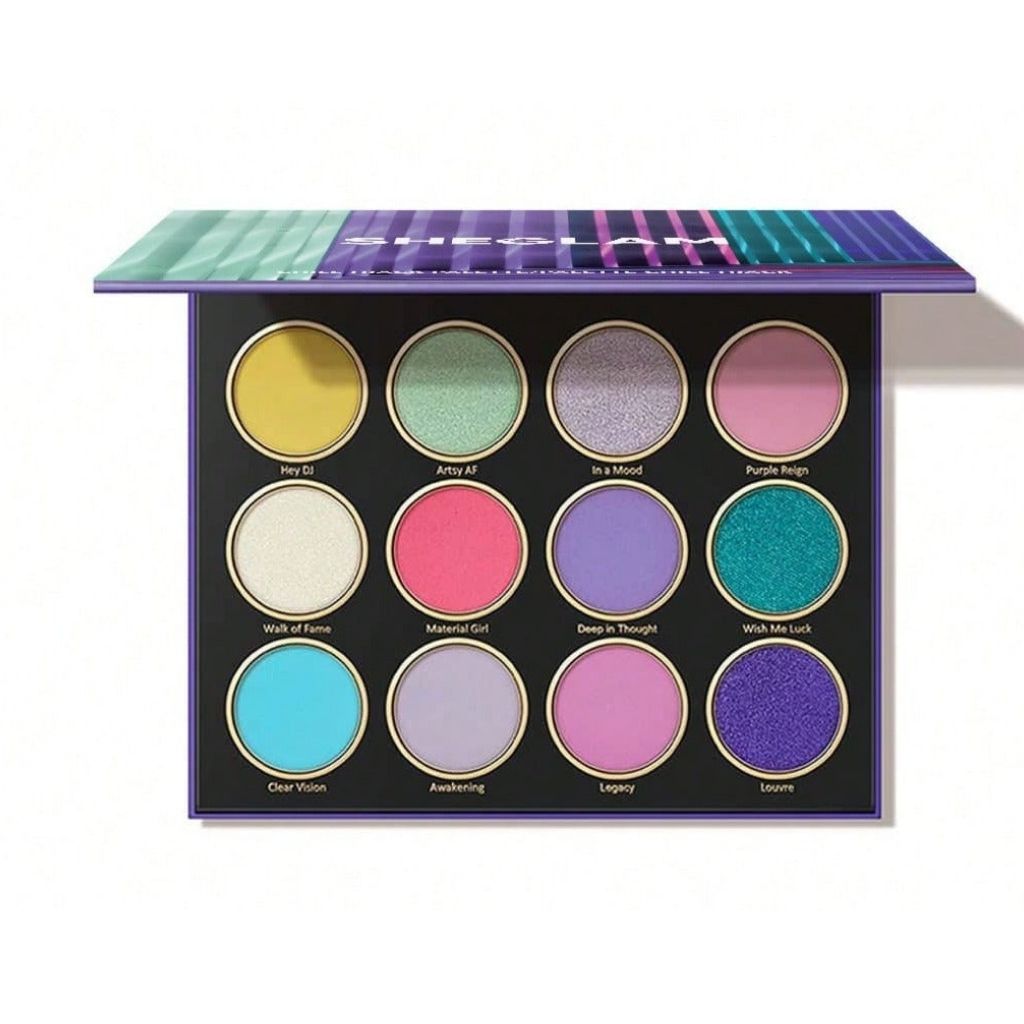 Makeup palette with colorful shades on a white background
