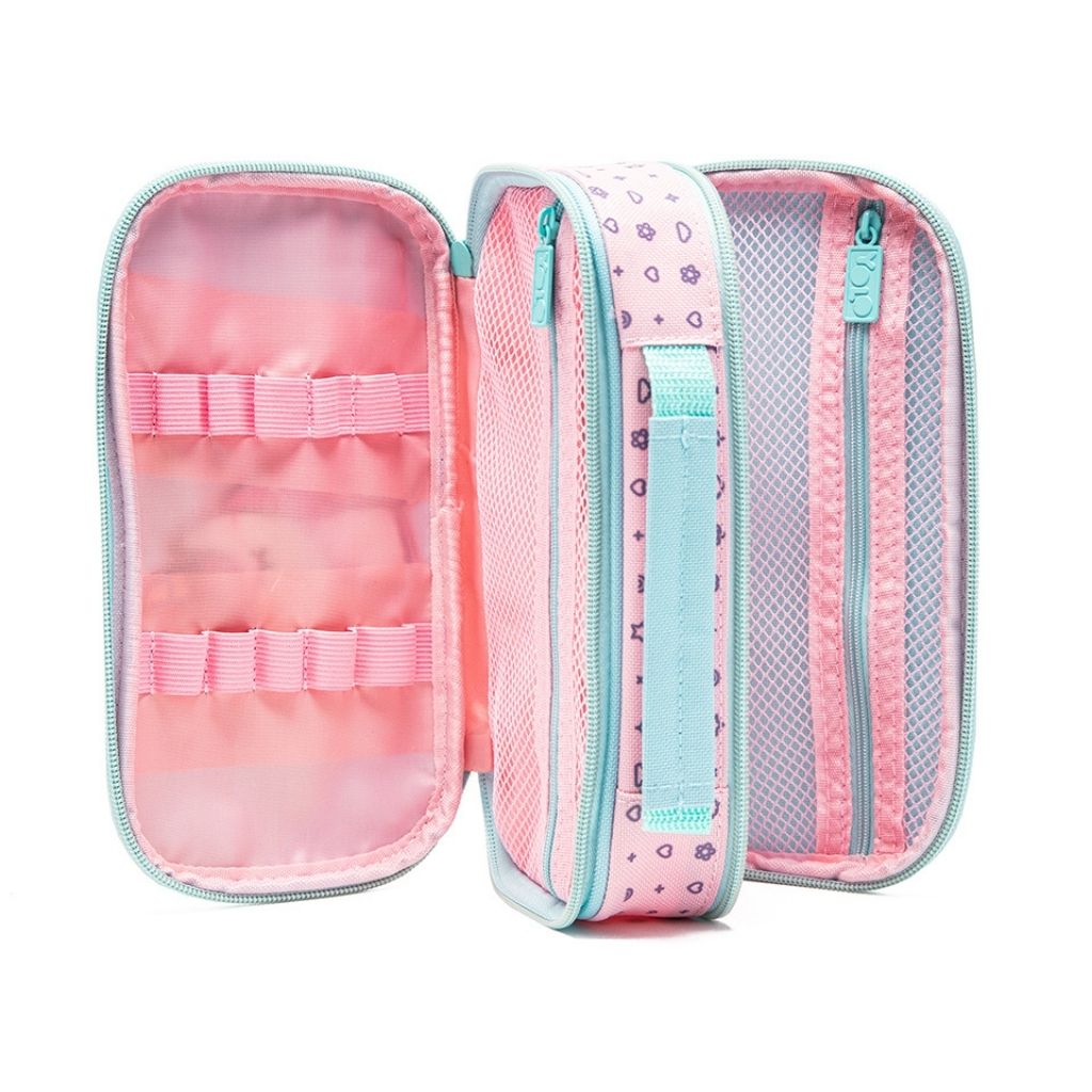 Pink and light blue pencil case with compartments on a white background