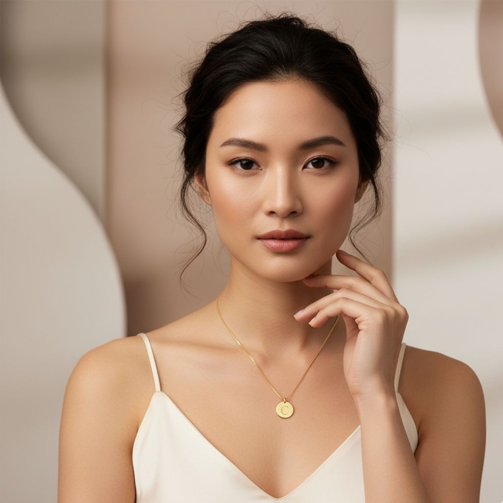 Woman wearing a gold necklace against a neutral background
