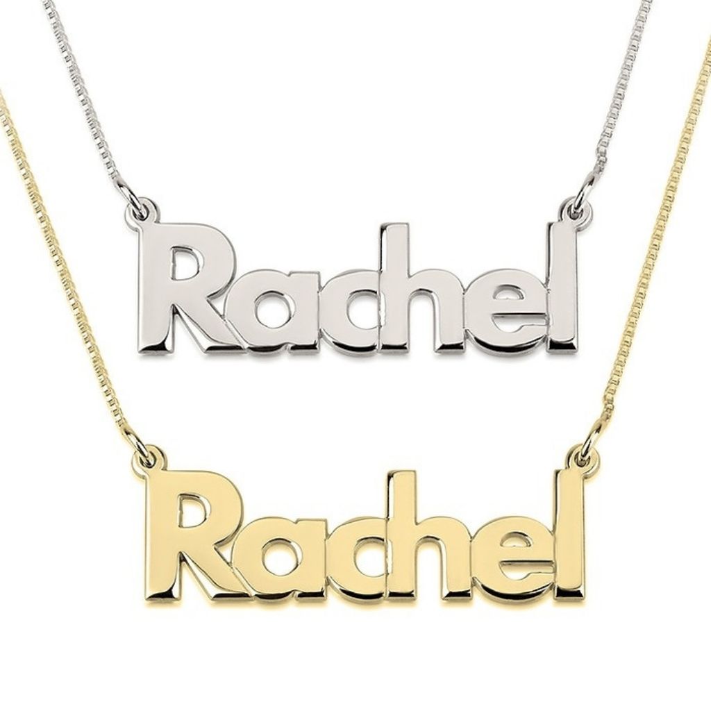 Two 'Rachel' name necklaces, one gold and one silver, on a white background.