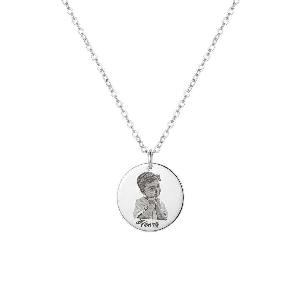Engraved Photo Single Round Disc Necklace