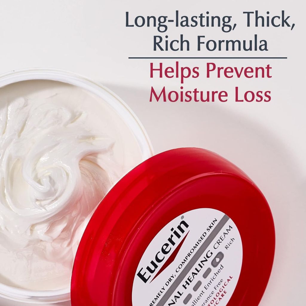 Eucerin cream jar with red lid and white cream, text about formula benefits.