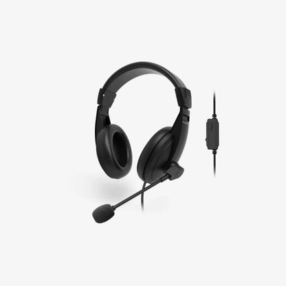 Black headset with microphone on a white background