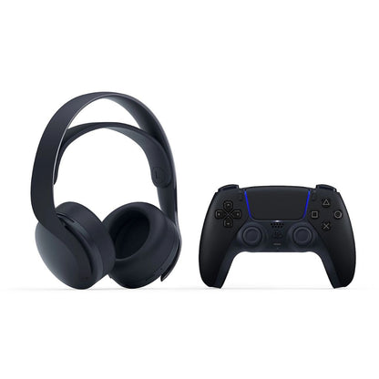 Black gaming headset and controller on a white background