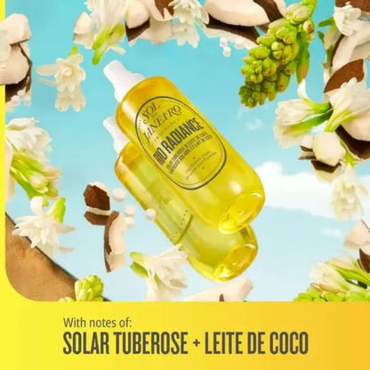 Yellow bottle with floral and coconut elements on a blue background