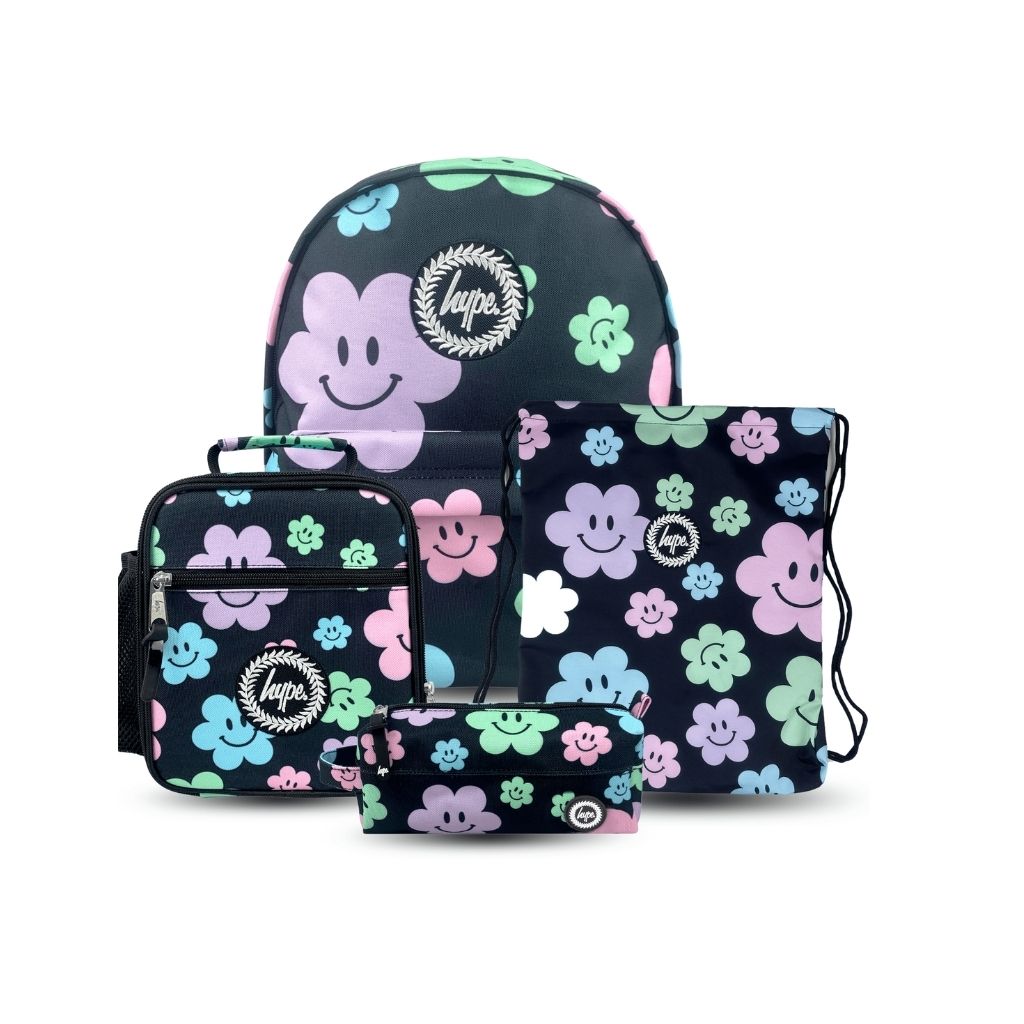 4-in-1 School Set - Black Happy Flowers