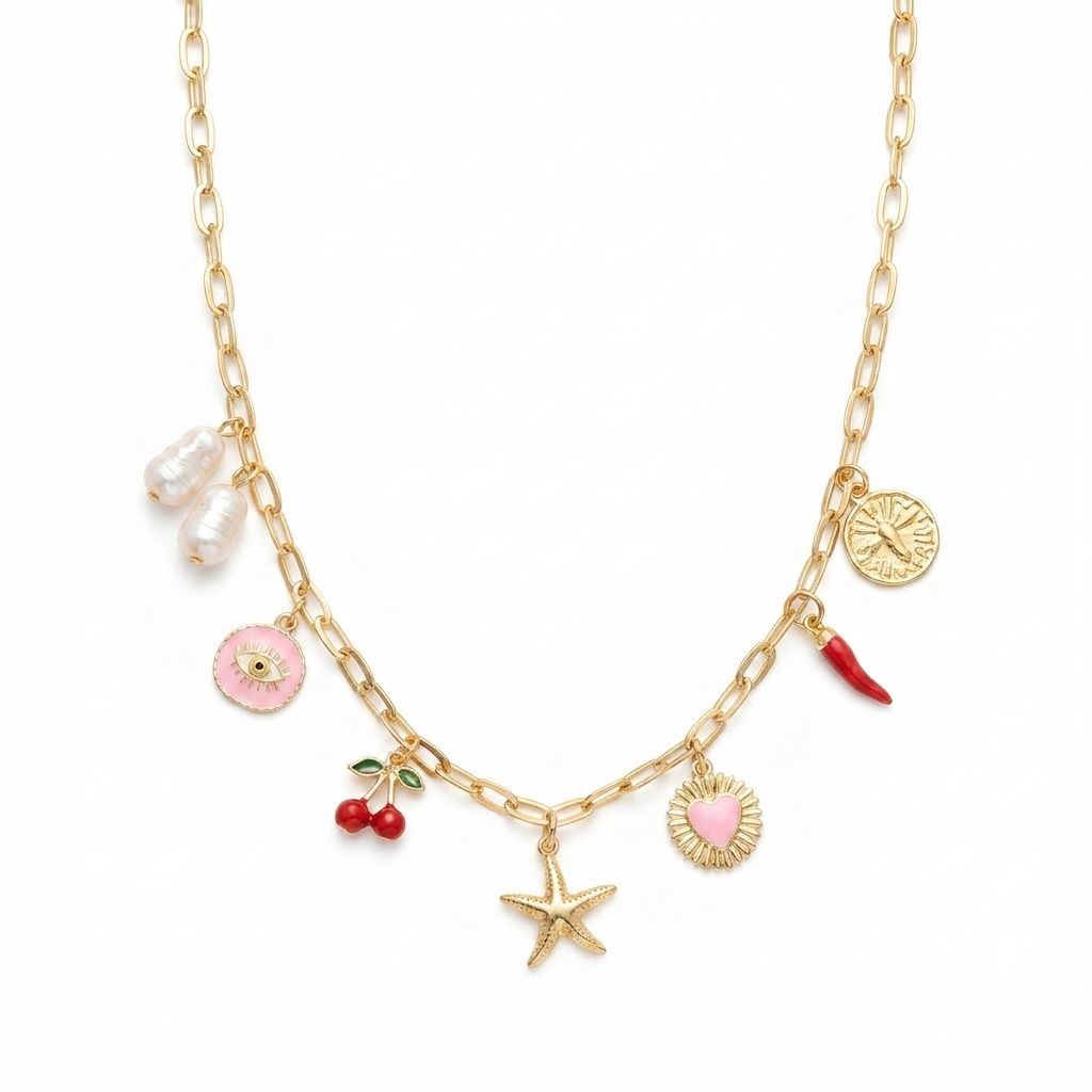 Cherry, Heart & Starfish Charm Necklace For Women