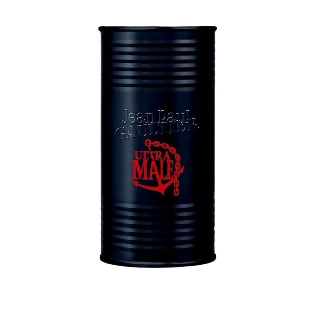 Black cylindrical container with 'Jean Paul Gaultier Ultra Male' branding on a white background