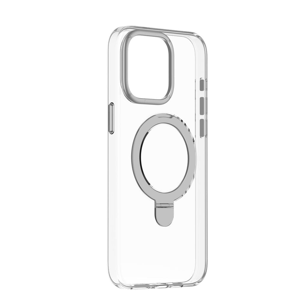 Clear phone case with a ring holder on a white background