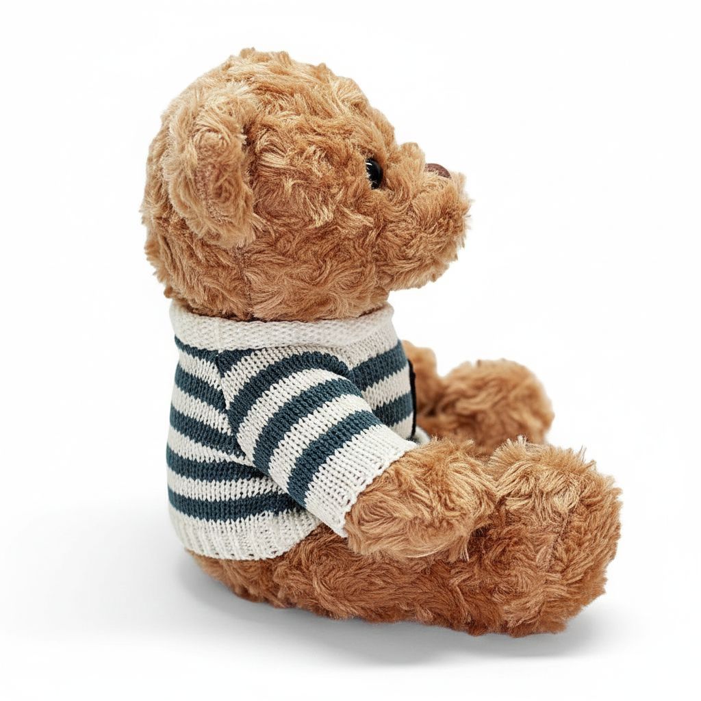 Brown teddy bear wearing a striped sweater on a white background