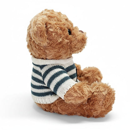 Brown teddy bear wearing a striped sweater on a white background