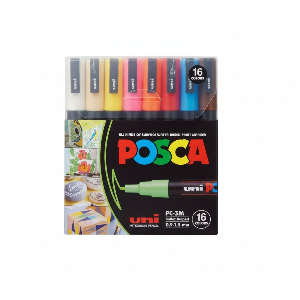 Box of Posca paint markers with colorful caps on a white background