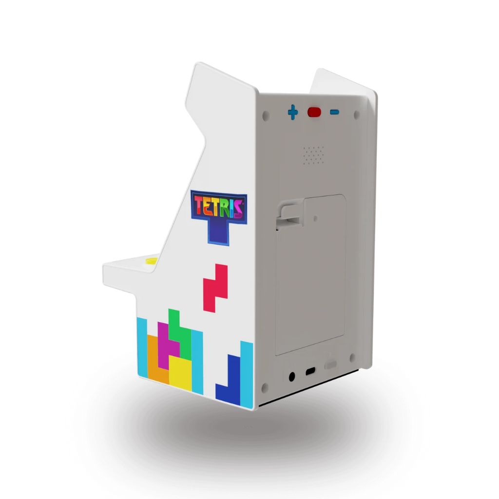 Tetris-themed arcade machine on a white background