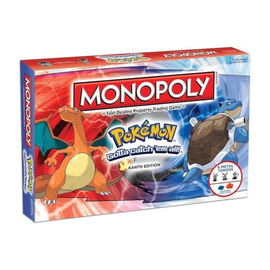 Monopoly Pokémon Kanto Edition game box with Charizard and Torterra on a white background