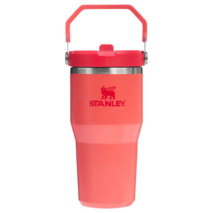 Red Stanley tumbler with a handle on a white background