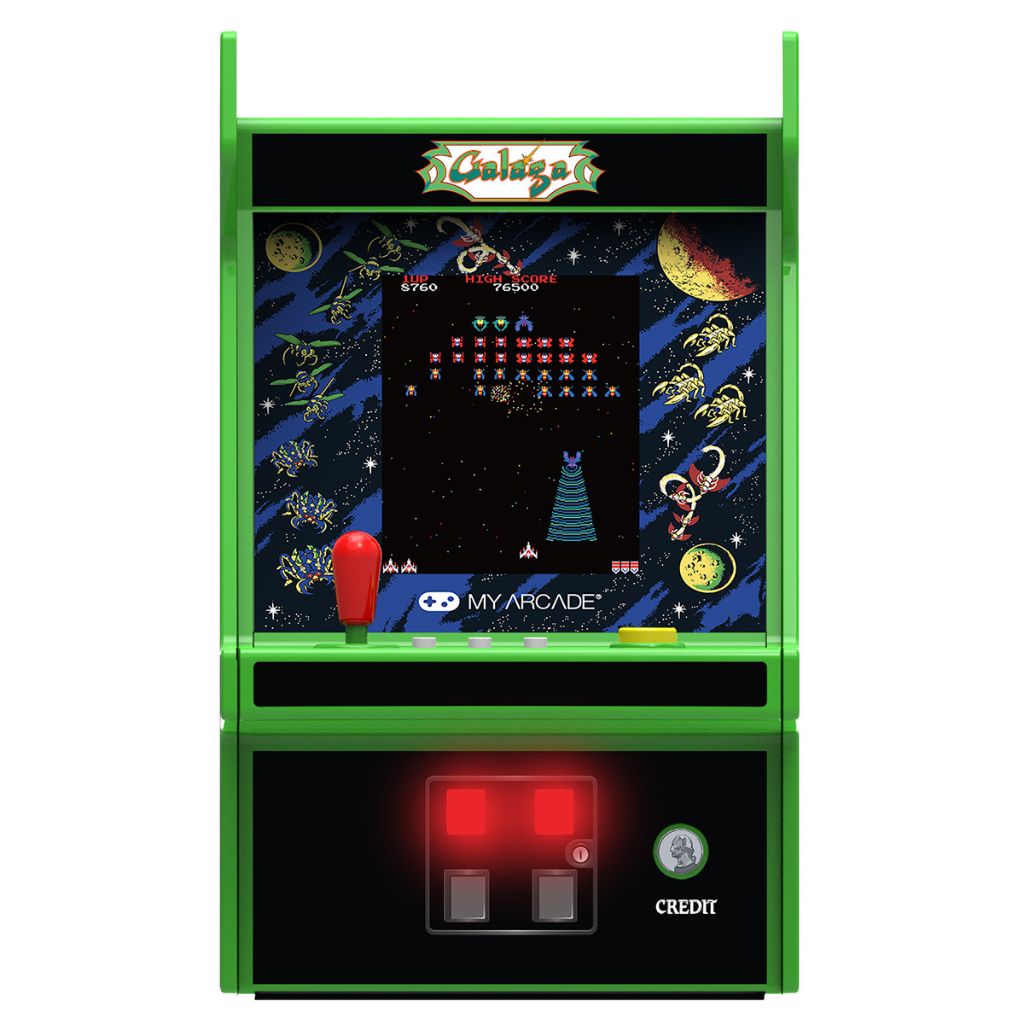 Mini arcade machine with 'Galaga' game displayed on a white background
