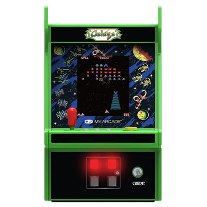 Mini arcade machine with 'Galaga' game displayed on a white background