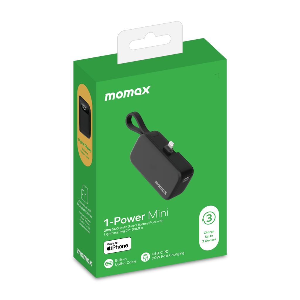 Momox 1-Power Mini power bank packaging on a white background