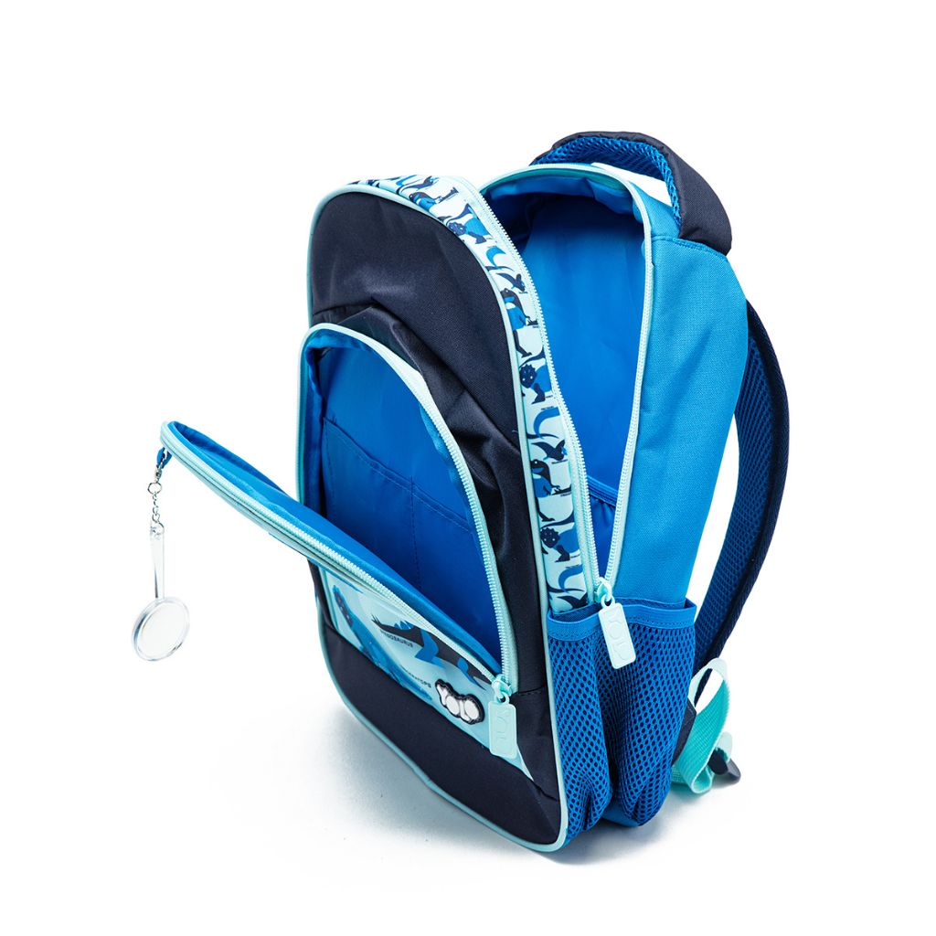 Blue and black backpack with a patterned strap on a white background