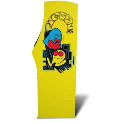 Yellow arcade cabinet side panel with cartoon character design on a white background