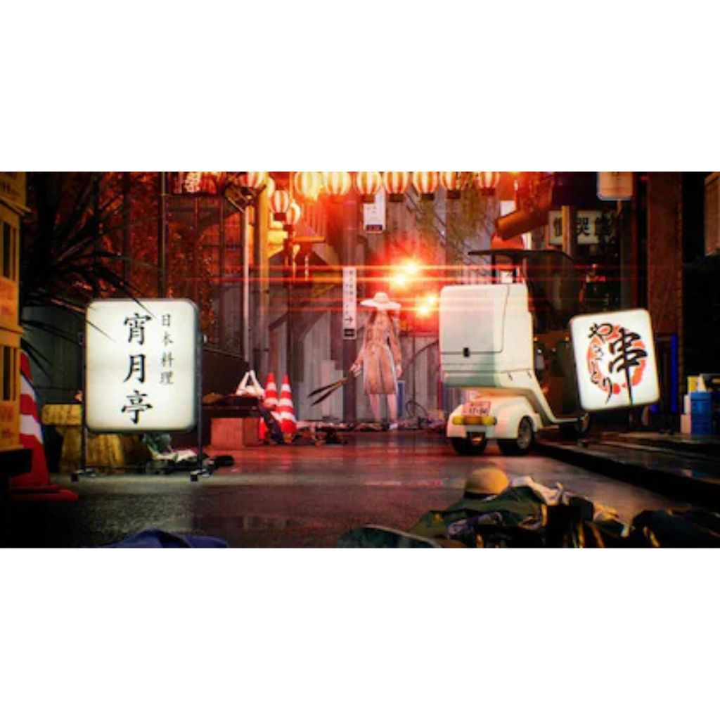 Street scene with illuminated signs and a person walking in a city setting