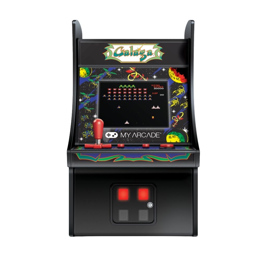 Miniature Galaga arcade machine on a white background