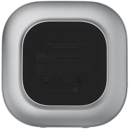 Silver electronic device with a black label on a white background