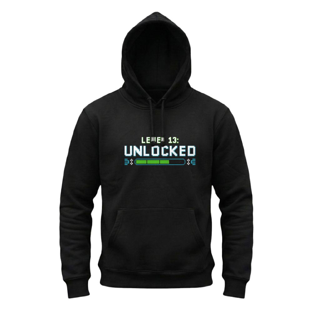Black hoodie with 'Level 13: Unlocked' text on a white background