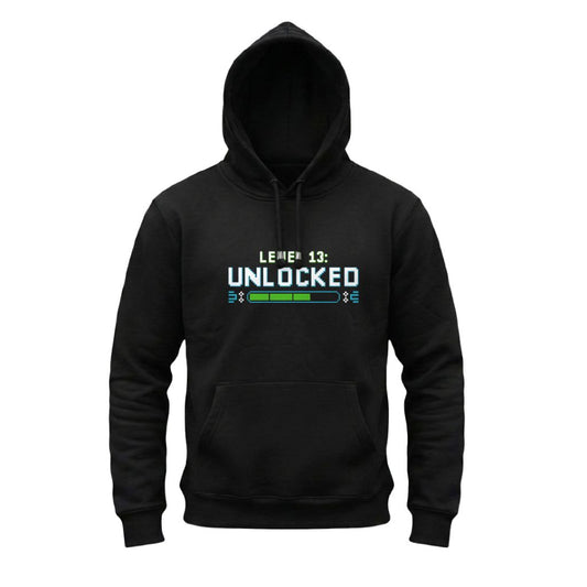 Black hoodie with 'Level 13: Unlocked' text on a white background