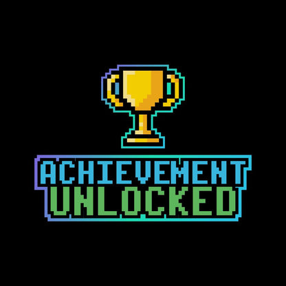 Pixelated trophy icon with 'Achievement Unlocked' text on a black background