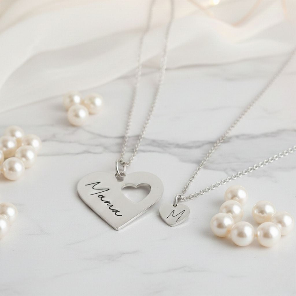 Engraved Name and Initial Heart Necklace Duo Set