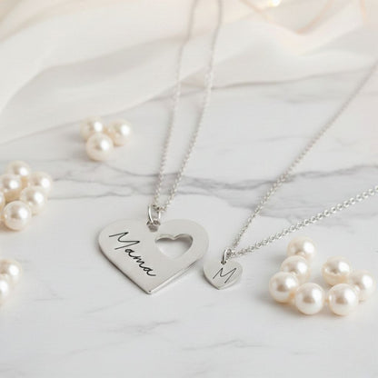 Engraved Name and Initial Heart Necklace Duo Set