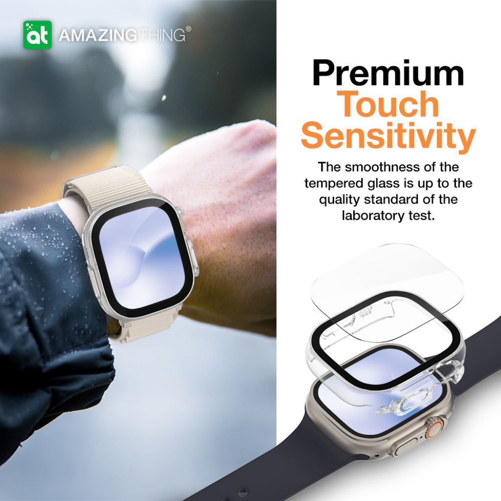 Smartwatch with a protective screen protector on a blurred background, featuring the brand 'Amazing Thing'.