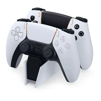 Two white gaming controllers with black accents on a white background