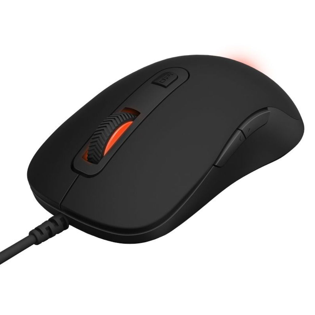 Black gaming mouse with red accents on a white background