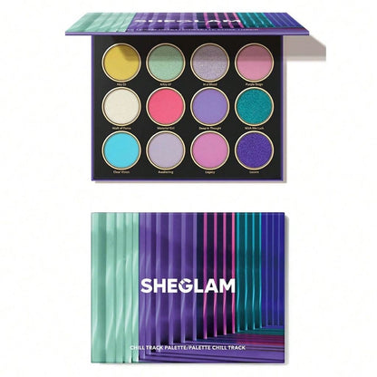 Makeup palette with colorful shades and 'SHEGLAM' branding on a white background