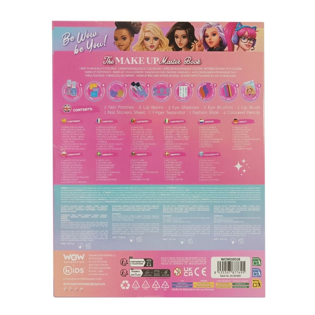 Back of a toy makeup set packaging with product details and branding.