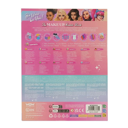 Back of a toy makeup set packaging with product details and branding.
