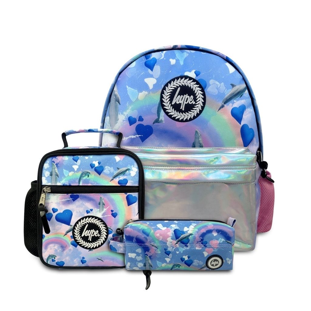 3-in-1 School Set - Rainbow Dolphins Backpack, Lunch bag & Pencil Case
