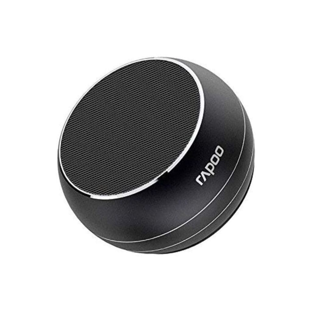 Black speaker with 'RAPOO' branding on a white background